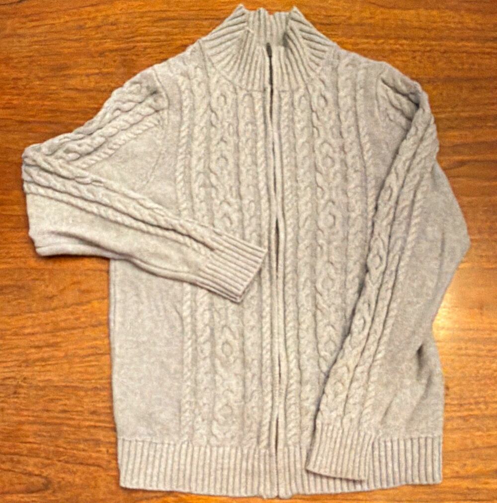 L.L.Bean Cable Knit Fisherman Zip Cardigan Mock Neck Sweater Women M Preppy 90s